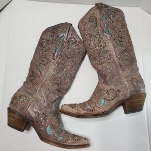 Corral Vintage Womens Boots Brown Crater Turquoise Inlay Size 6.5